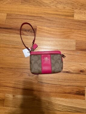 Coach Brown Signature Canvas Wristlet with Pink Leather Trim